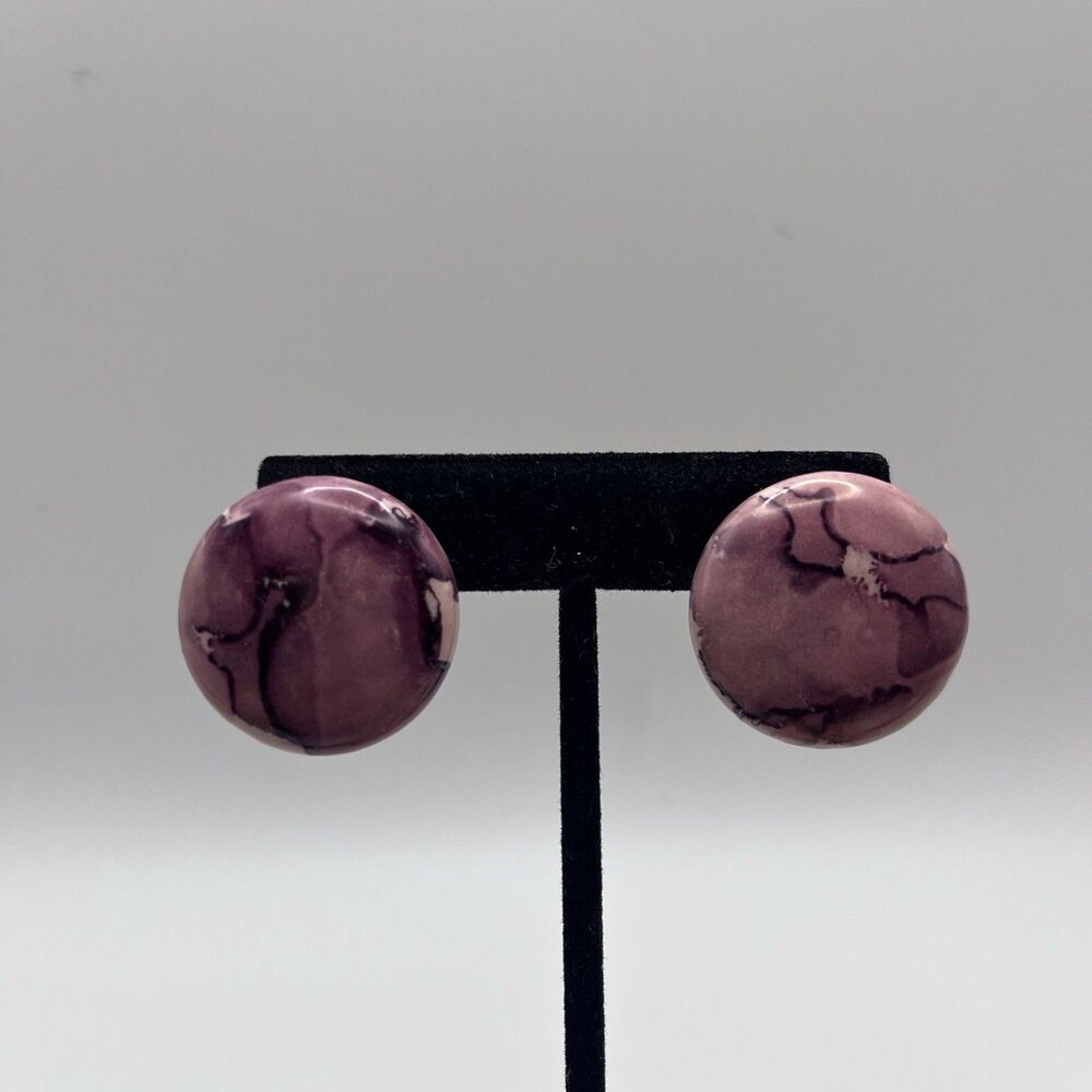 Vintage Textured Mauve Pink Ceramic Disk Stud Earrings Retro 1”